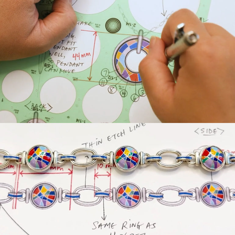 Hands sketching a Colormix bracelet