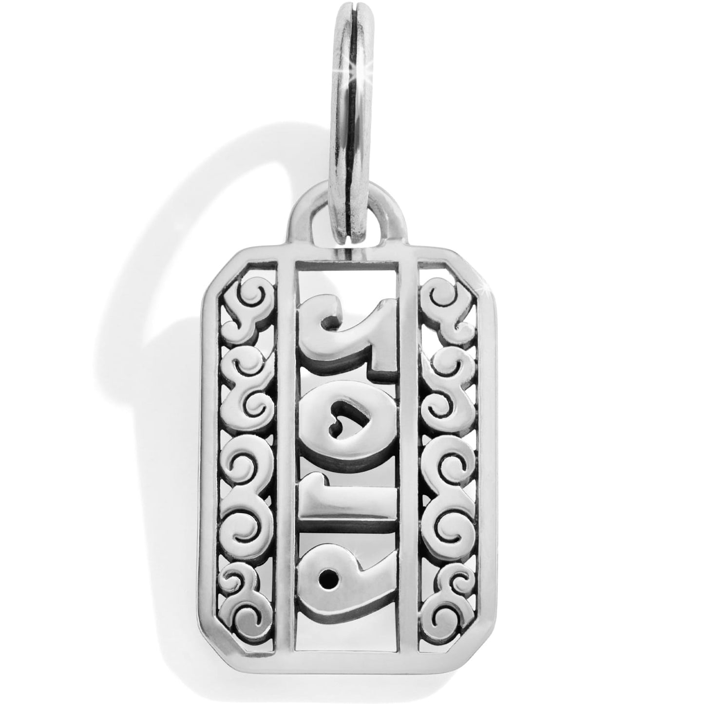 Brighton pray charm with silver-plated finish, scroll filigree detailing, and split ring on a white background
