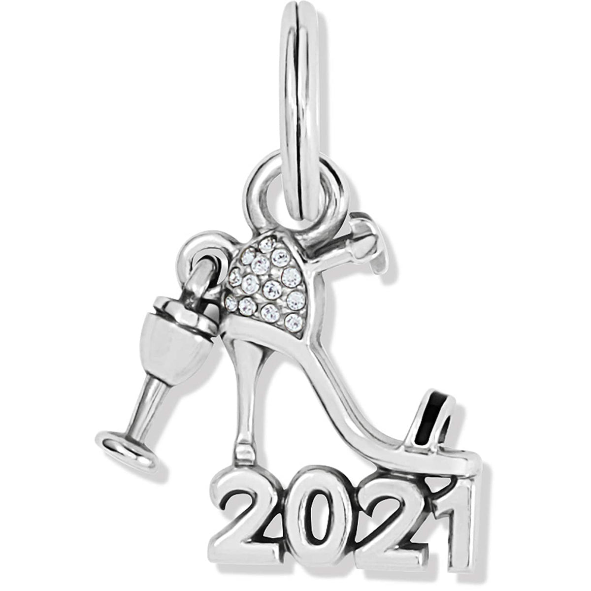 Brighton 2021 charm with silver-plated high heel shoe, crystal accents, and wine glass detail on a white background