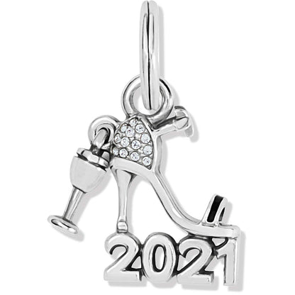 Brighton 2021 charm with silver-plated high heel shoe, crystal accents, and wine glass detail on a white background