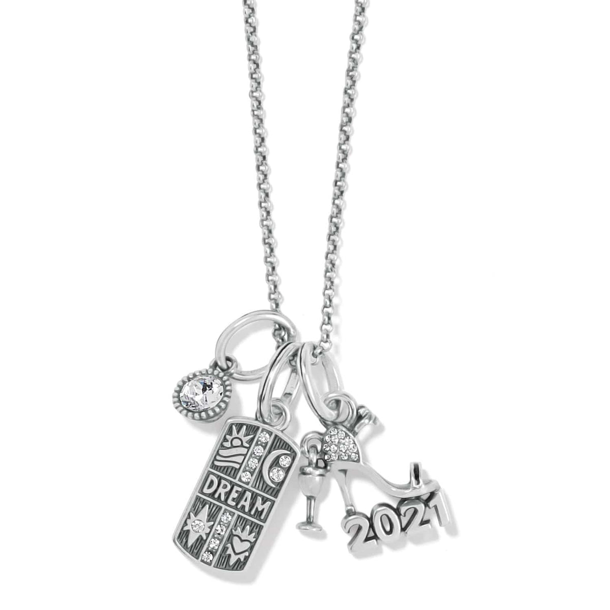 Brighton silver-plated charm necklace with crystal solitaire, dream tag, cocktail dress, and 2021 charms on a white background