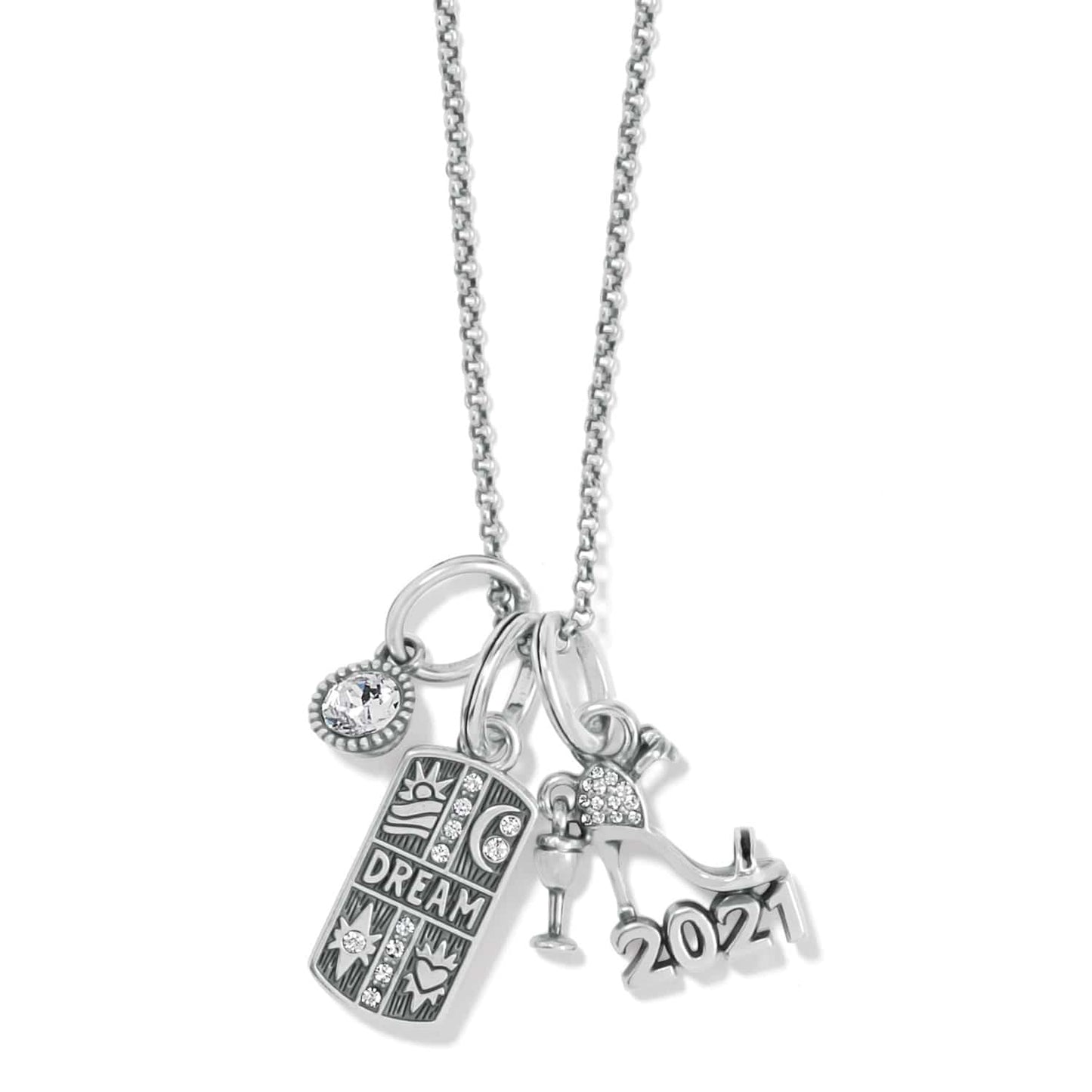 Brighton silver-plated charm necklace with crystal solitaire, dream tag, cocktail dress, and 2021 charms on a white background
