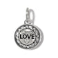 Brighton round charm with LOVE text, arrow, heart motif, and openwork border in silver-tone on a white background