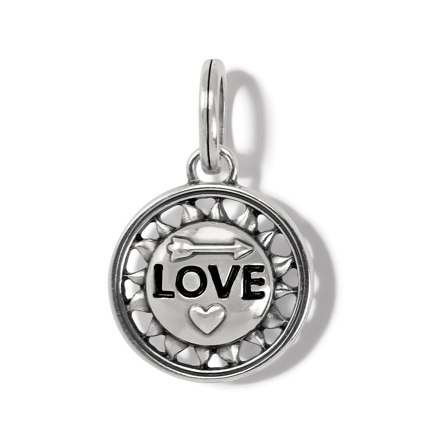 Brighton round charm with LOVE text, arrow, heart motif, and openwork border in silver-tone on a white background