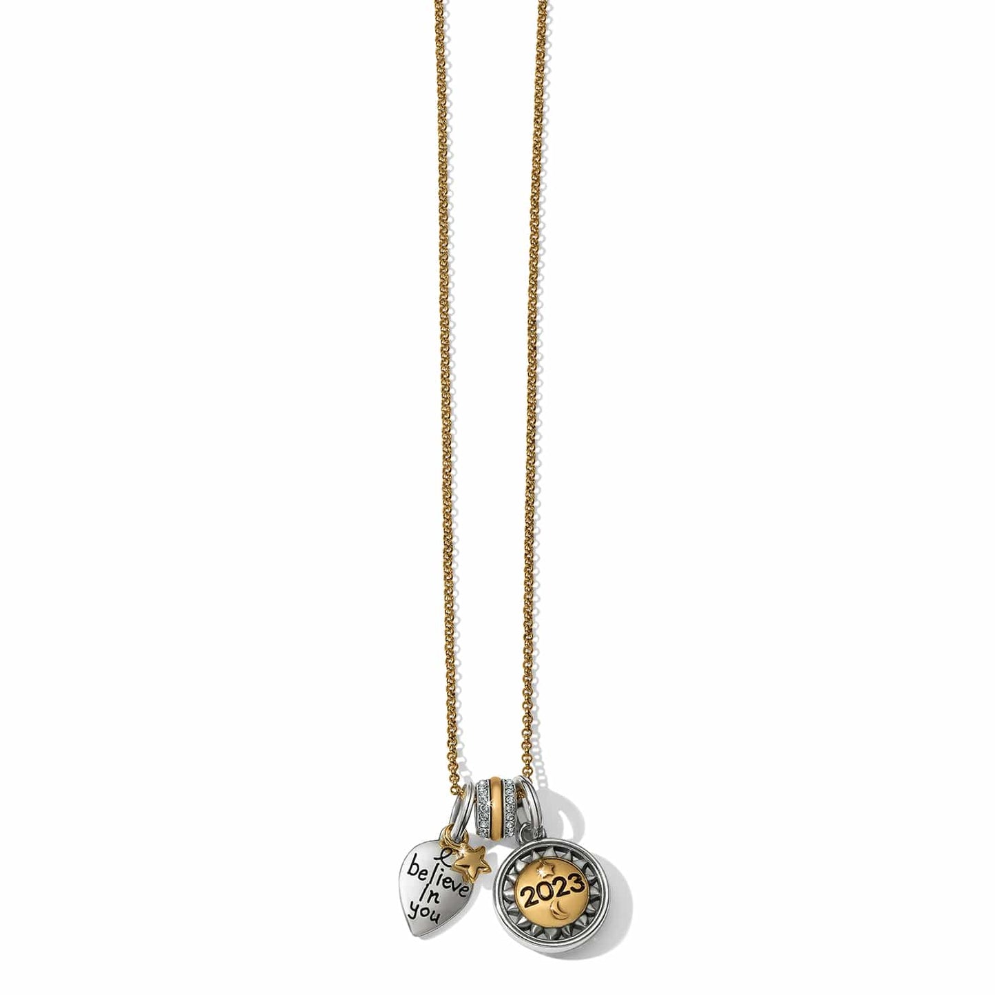 Brighton charm necklace with two-tone heart, crystal spacer, and 2023 medallion pendants on a white background