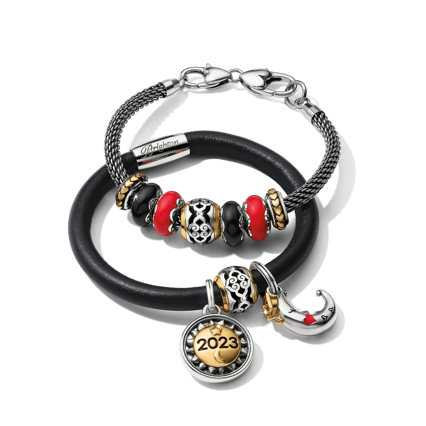 Brighton charm bracelets in black leather and silver mesh with red, black, and two-tone beaded charms on a white background