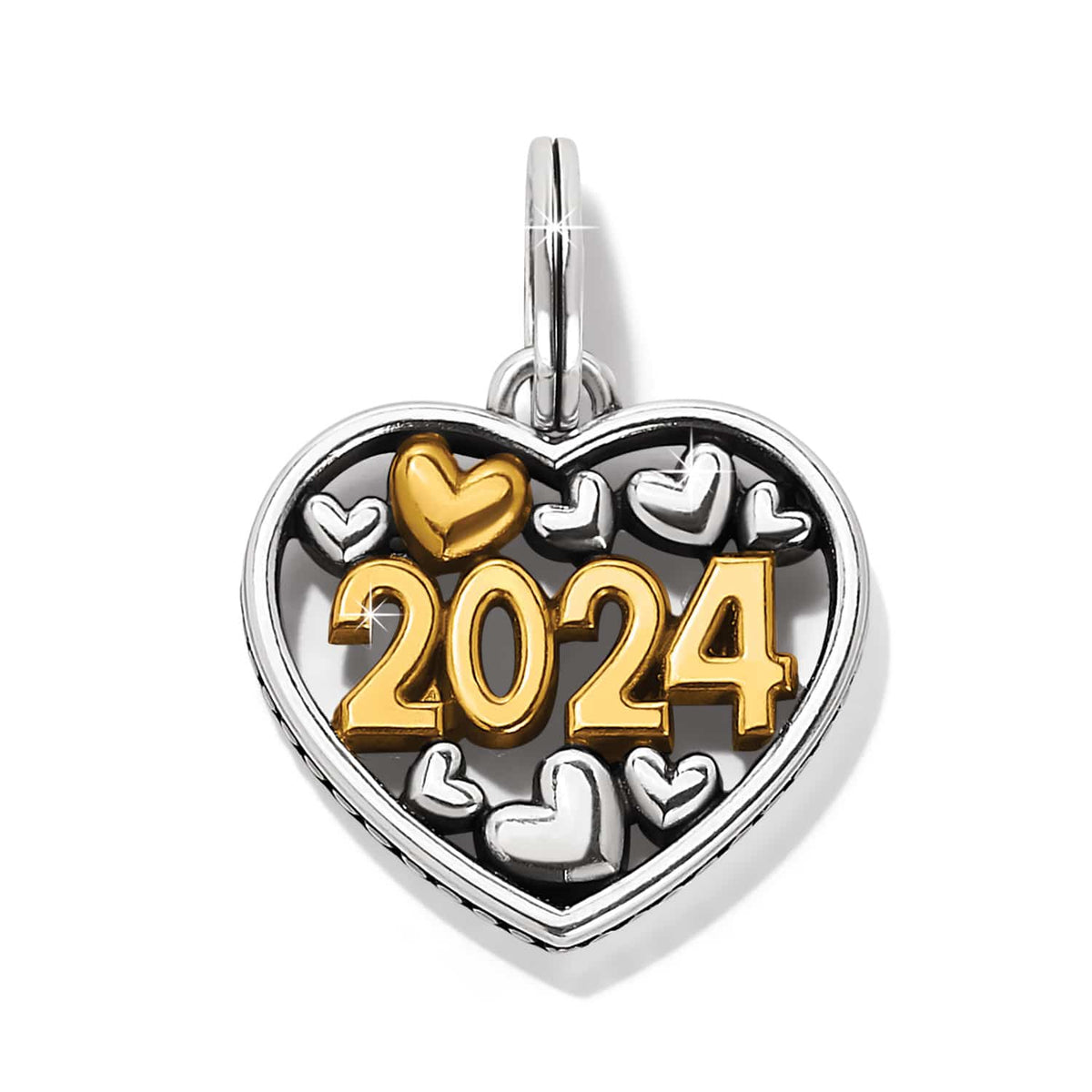Brighton heart charm with gold-tone 2024 numerals and silver-tone heart accents in two-tone finish on a white background