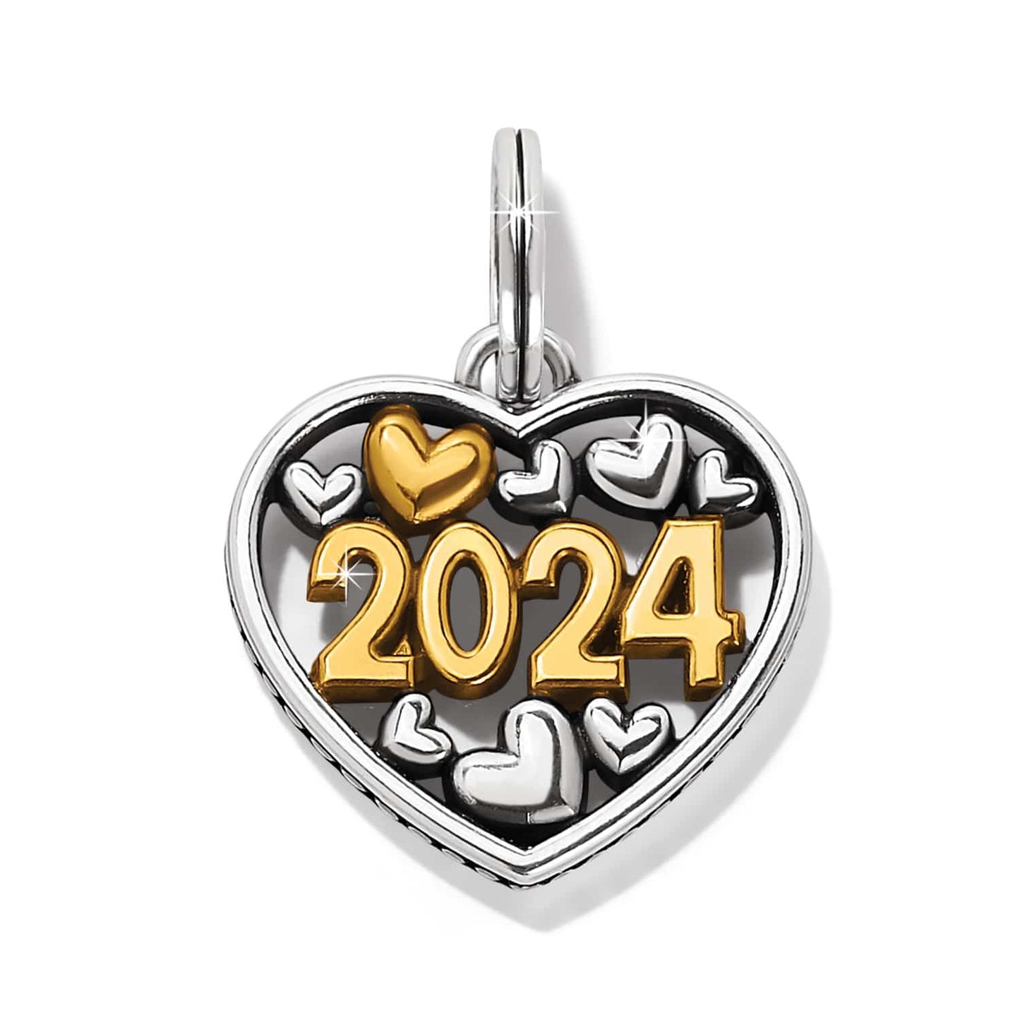 Brighton heart charm with gold-tone 2024 numerals and silver-tone heart accents in two-tone finish on a white background