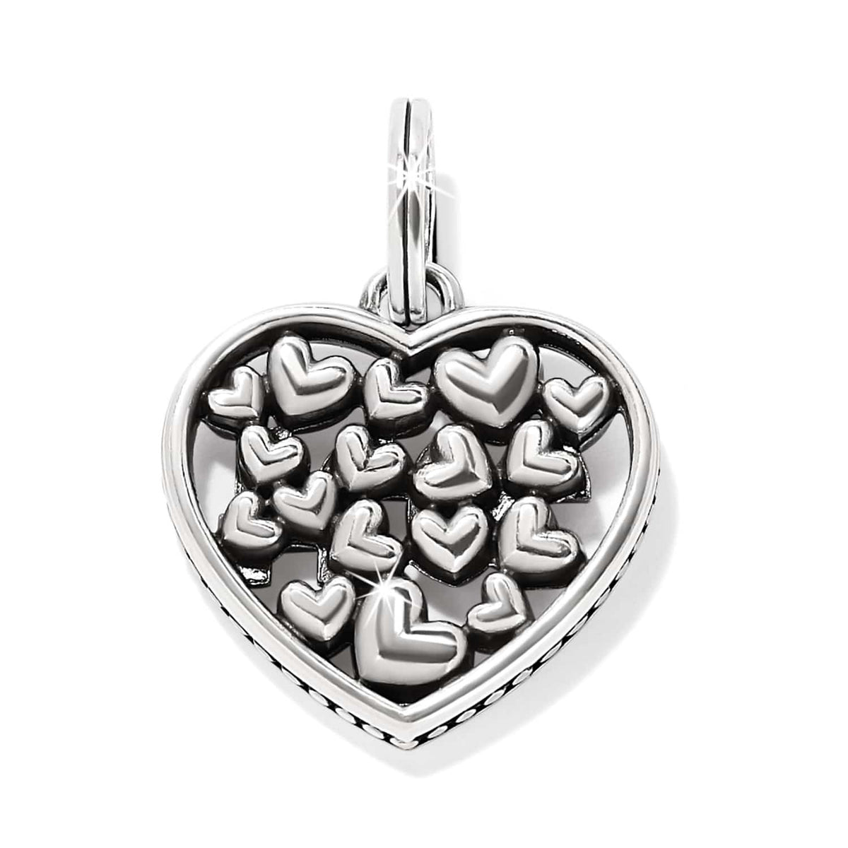 Brighton heart charm pendant with cluster of small raised hearts inside silver-tone open frame on a white background