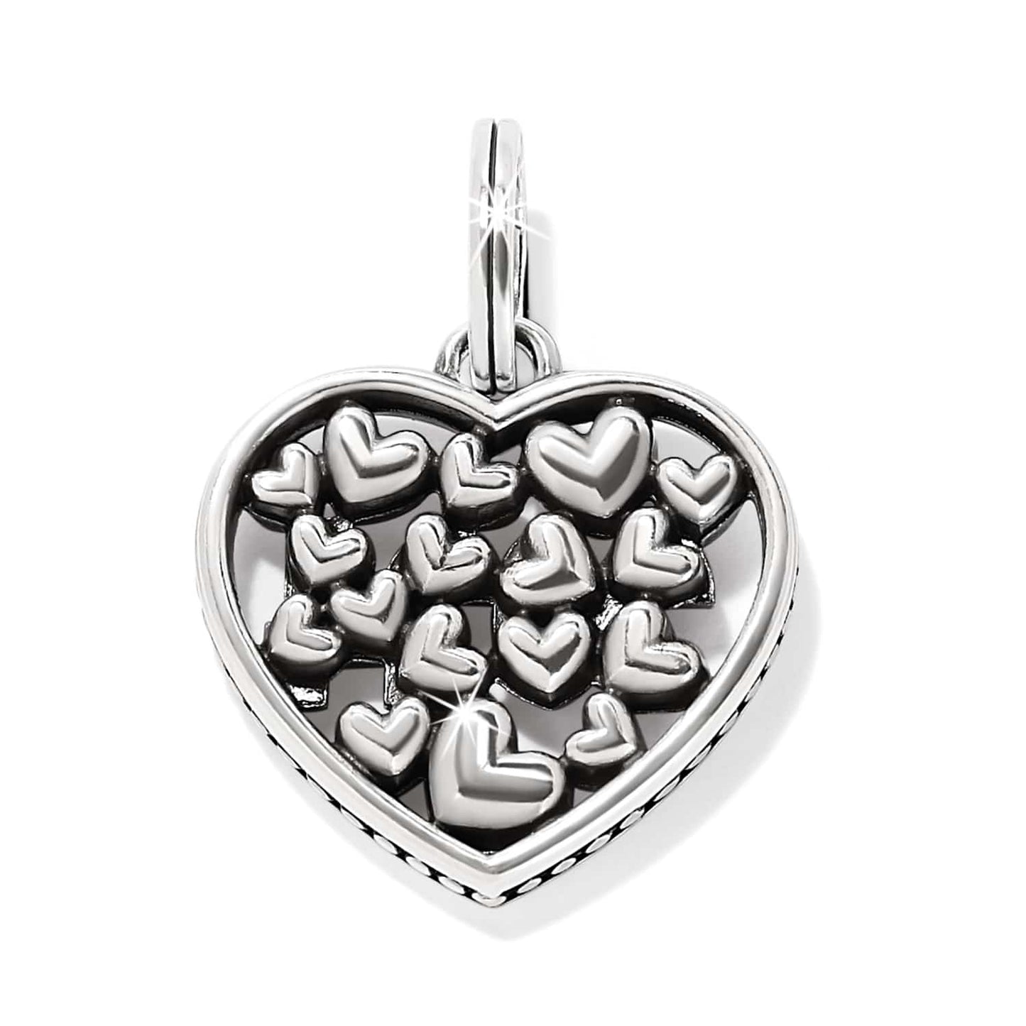 Brighton heart charm pendant with cluster of small raised hearts inside silver-tone open frame on a white background