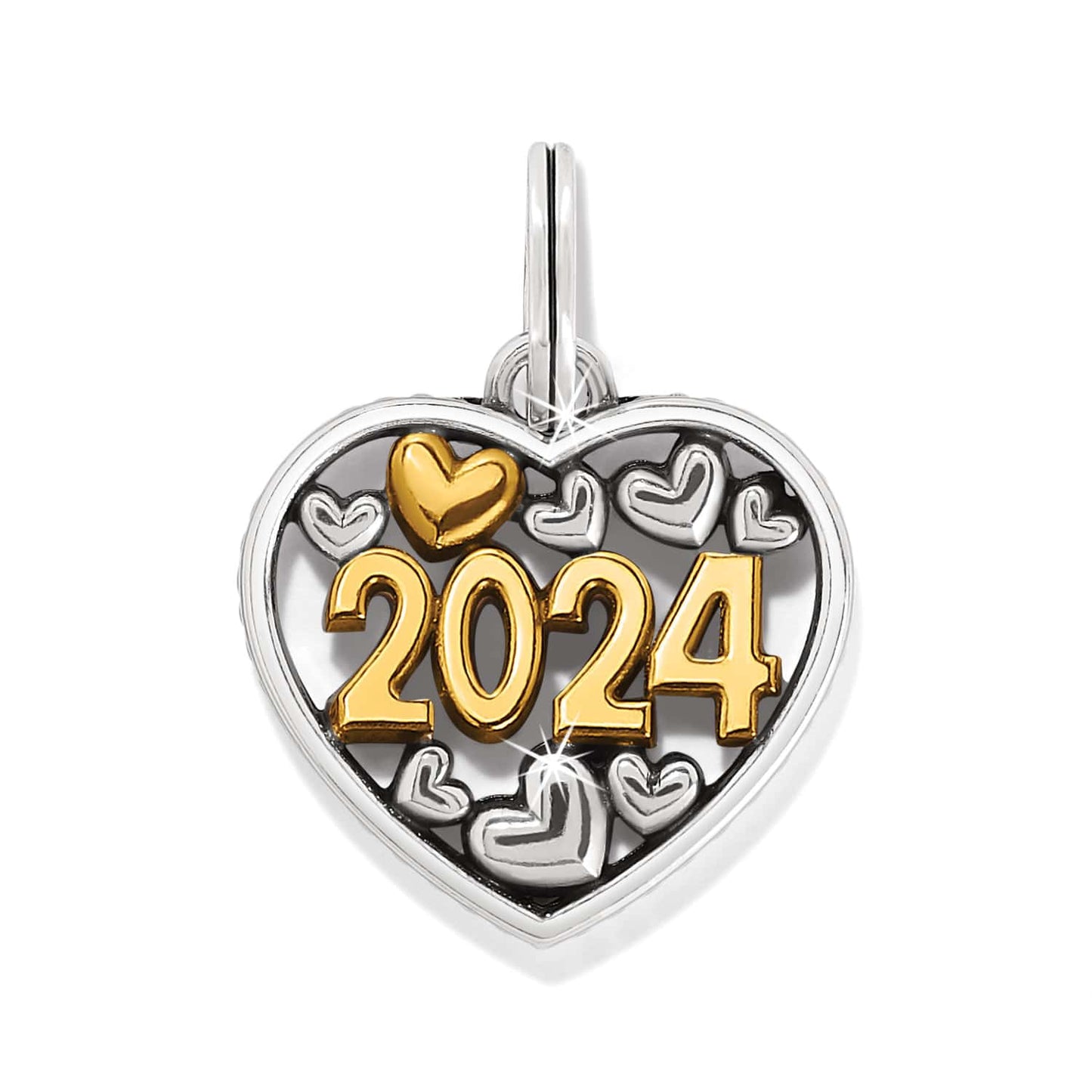 Brighton heart charm with gold-tone 2024 numerals and silver-tone heart accents in two-tone finish on a white background