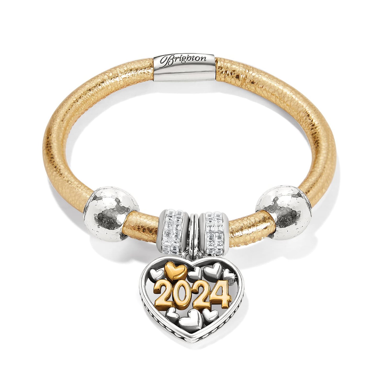 Brighton charm bracelet in gold leather with silver beads and two-tone 2024 heart charm on a white background