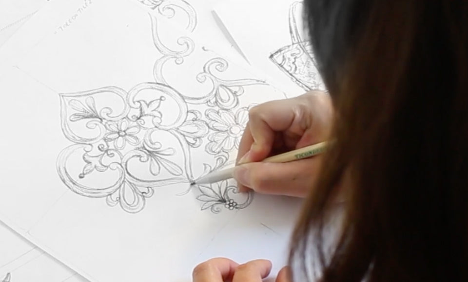 Designer Catherine Hong pencil sketching Farfalla design