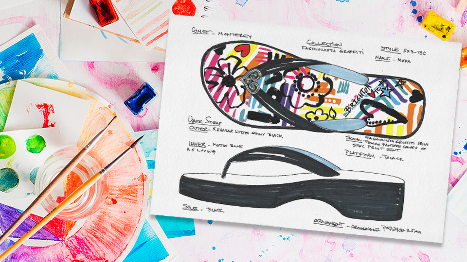 A flatlay of watercolor materials with a drawing of a pair of flip flops
