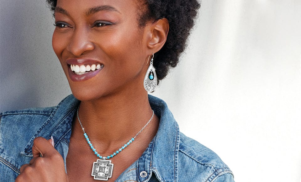 Model wearing Southwest necklace and earrings
