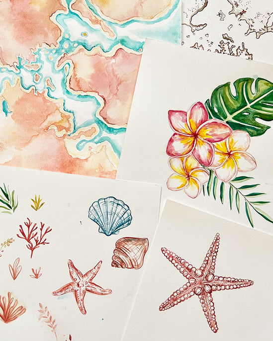 A spread of watercolor paintings designed by designer Lisa Spayd-Sendre