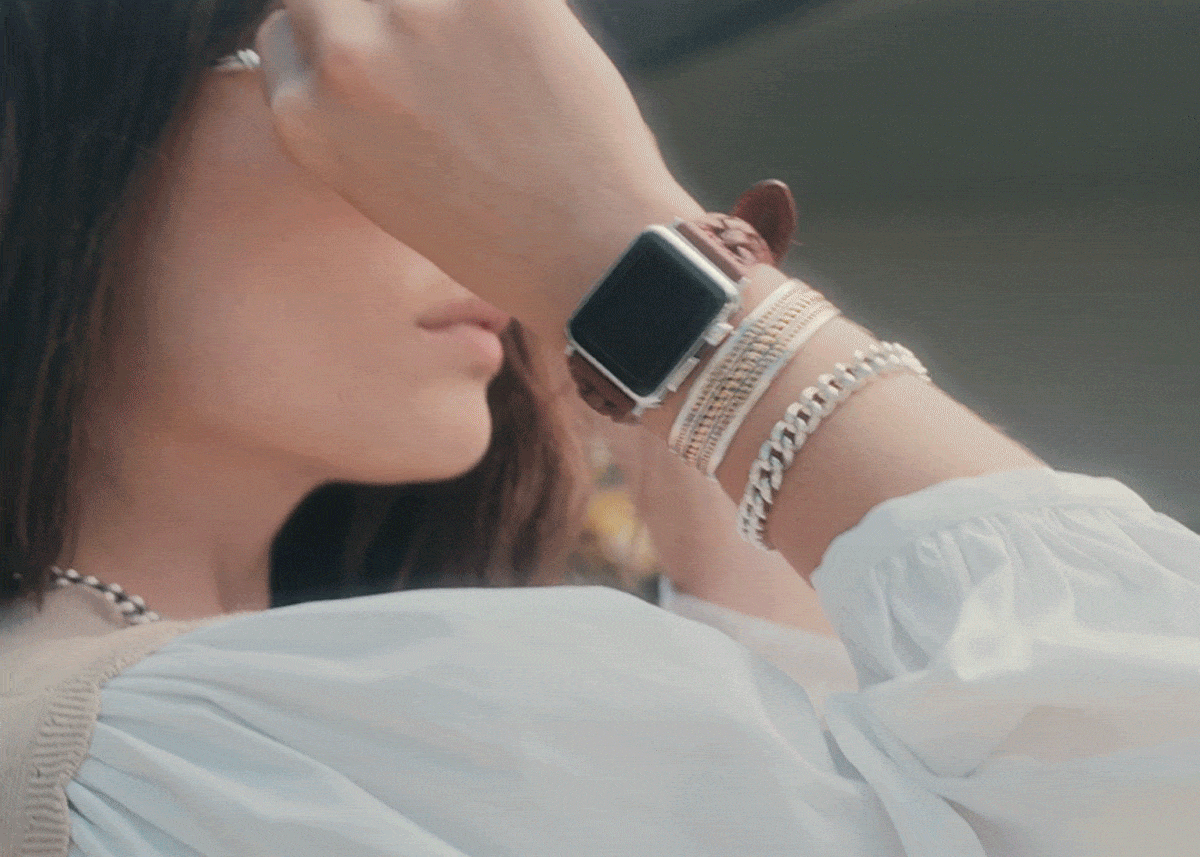 Animation of model wearing new watch band with bracelets and sunglasses