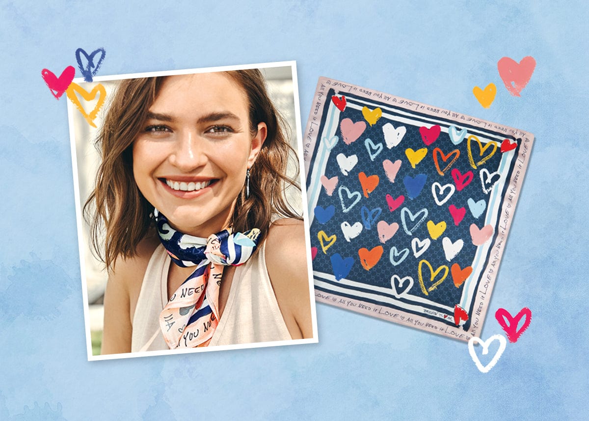 A picture of a model wearing a scarf around her neck next to the scarf laid out flat