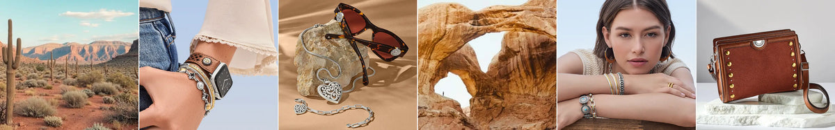 A horizontal collage of six lifestyle and product photos showing various fashion accessories, including desert landscapes, a hand wearing a smartwatch and bracelets, sunglasses on sand, flat rock slabs with a purse, a woman wearing a watch, and a brown leather shoulder bag with gold studs.