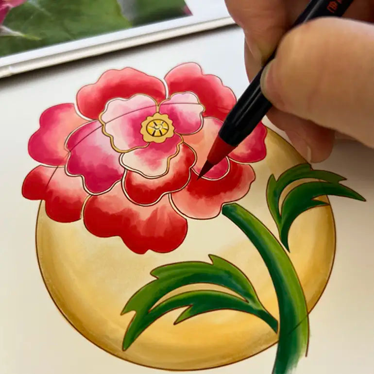 Hand drawing a pink flower with a green stem on a beige background