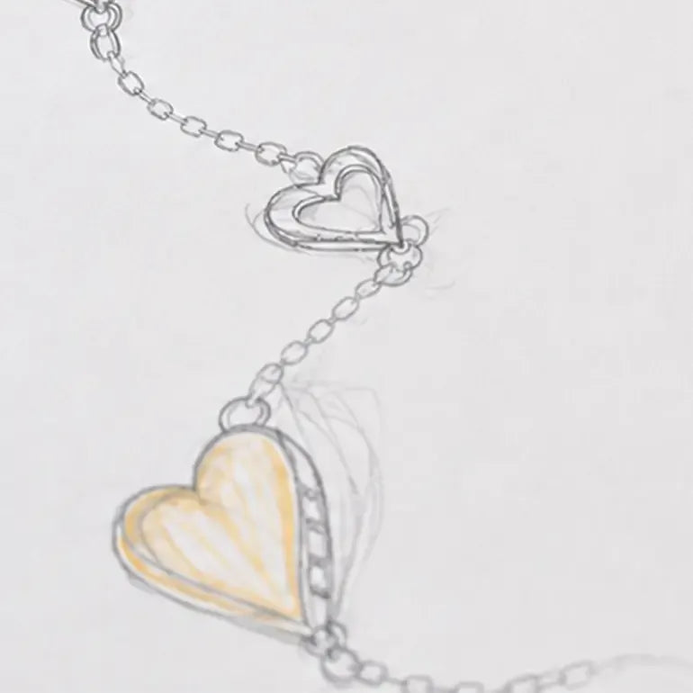 A close-up of a sketch of a silver-toned chain necklace with two heart charms, one outlined and one filled with a soft gold gradient, on a plain light background.