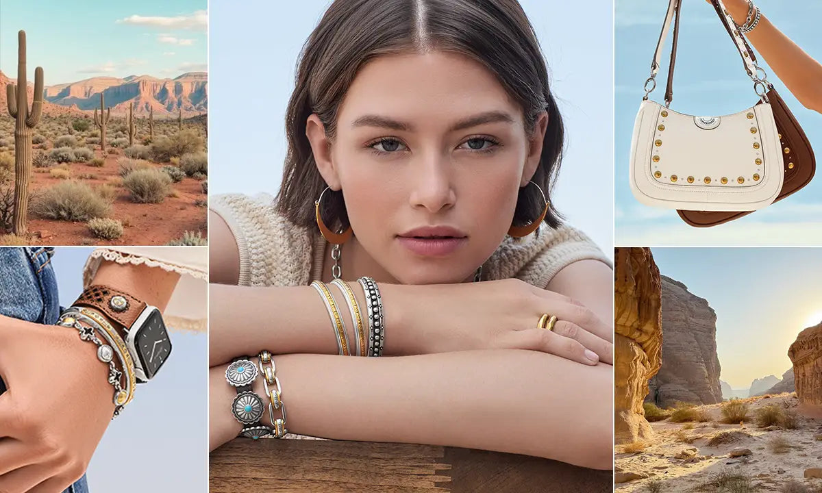 A six-panel collage showcasing bohemian-style jewelry and accessories. The center panel features a woman wearing layered gold, silver, and turquoise bracelets, a gold ring, and large hoop earrings.