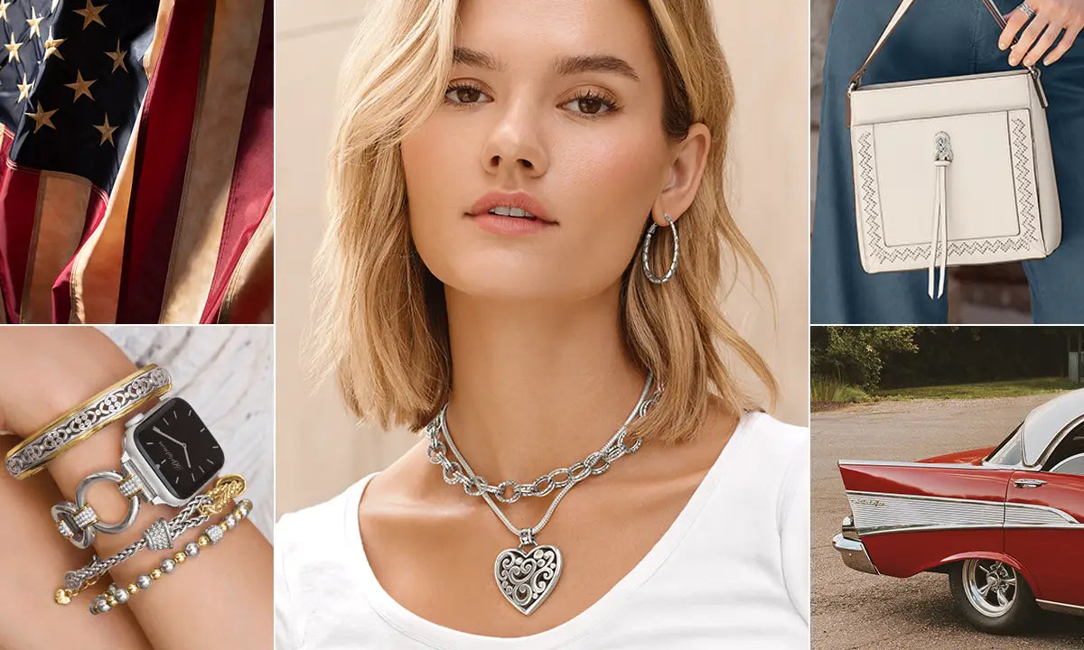 A collage-style fashion image featuring a blonde woman wearing a silver heart pendant necklace and hoop earrings, with inset photos showing a white handbag, stacked bracelets on a wrist, and a red classic car.
