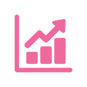 A pink line icon depicting a bar chart with an upward-trending arrow on a solid white background.