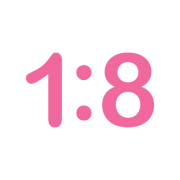Pink text reading '1:8' on a solid white background.