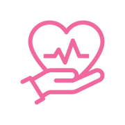 A pink line icon depicting a heart with a heartbeat EKG line inside, supported by an open hand, on a solid white background.