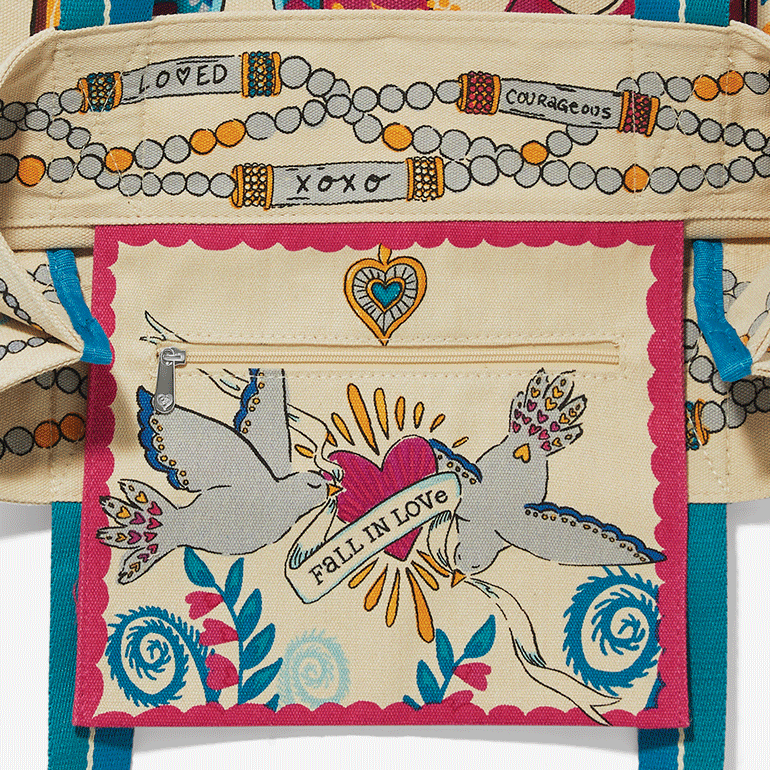 An alternating animation of the front and back of an interior pocket and the bottom of a tote bag. One pocket says "fall in love" with two birds, the second says ' life is a beautiful thing' and the bottom says Brighton in a blue script with a paisley background.