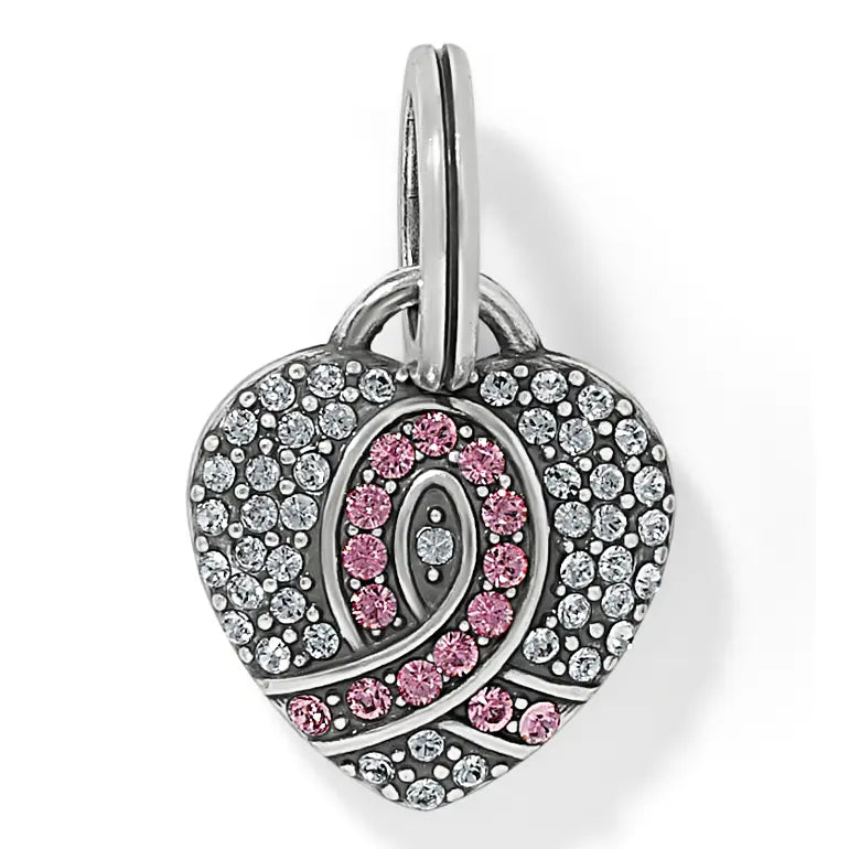 A silver heart-shaped charm pendant featuring a pink ribbon design set with pink and clear rhinestones, shown on a clean white background.