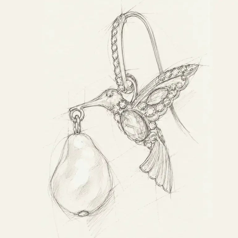 A pencil sketch of a jeweled hummingbird pendant holding a pearl, shown on a plain off-white background.