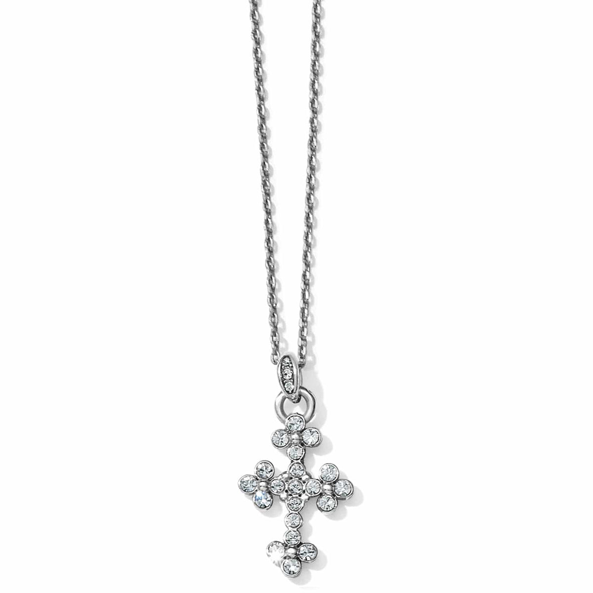 Brighton pendant necklace with silver-tone cross featuring clustered crystal accents on a delicate chain on a white background
