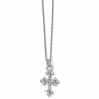 Brighton pendant necklace with silver-tone cross featuring clustered crystal accents on a delicate chain on a white background