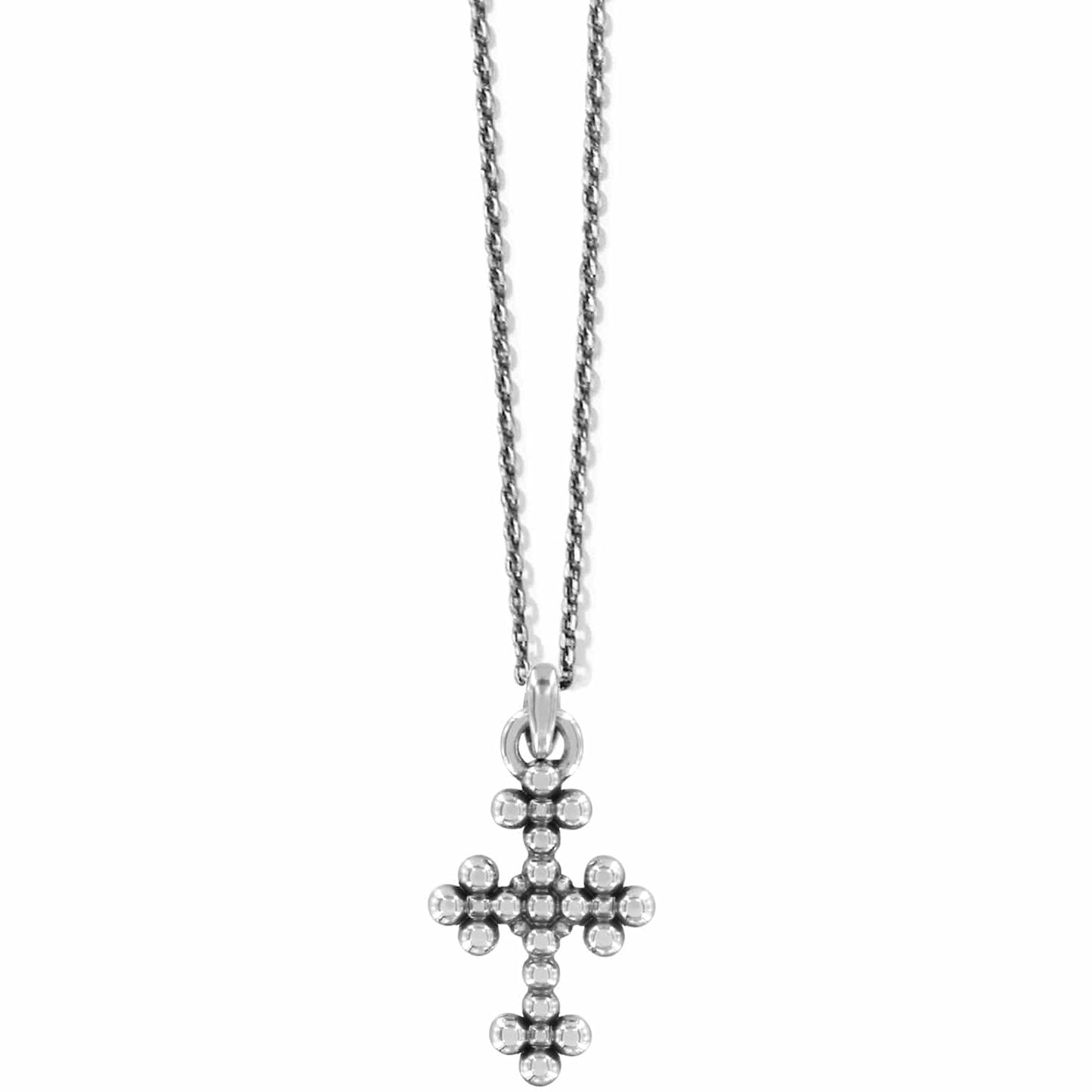 Brighton pendant necklace with small beaded cross charm and delicate two-tone chain on a white background