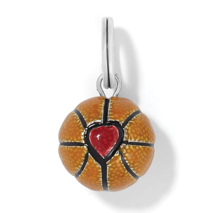 Brighton basketball charm with orange enamel, black lines, red heart accent, and silver-plated split ring on a white background