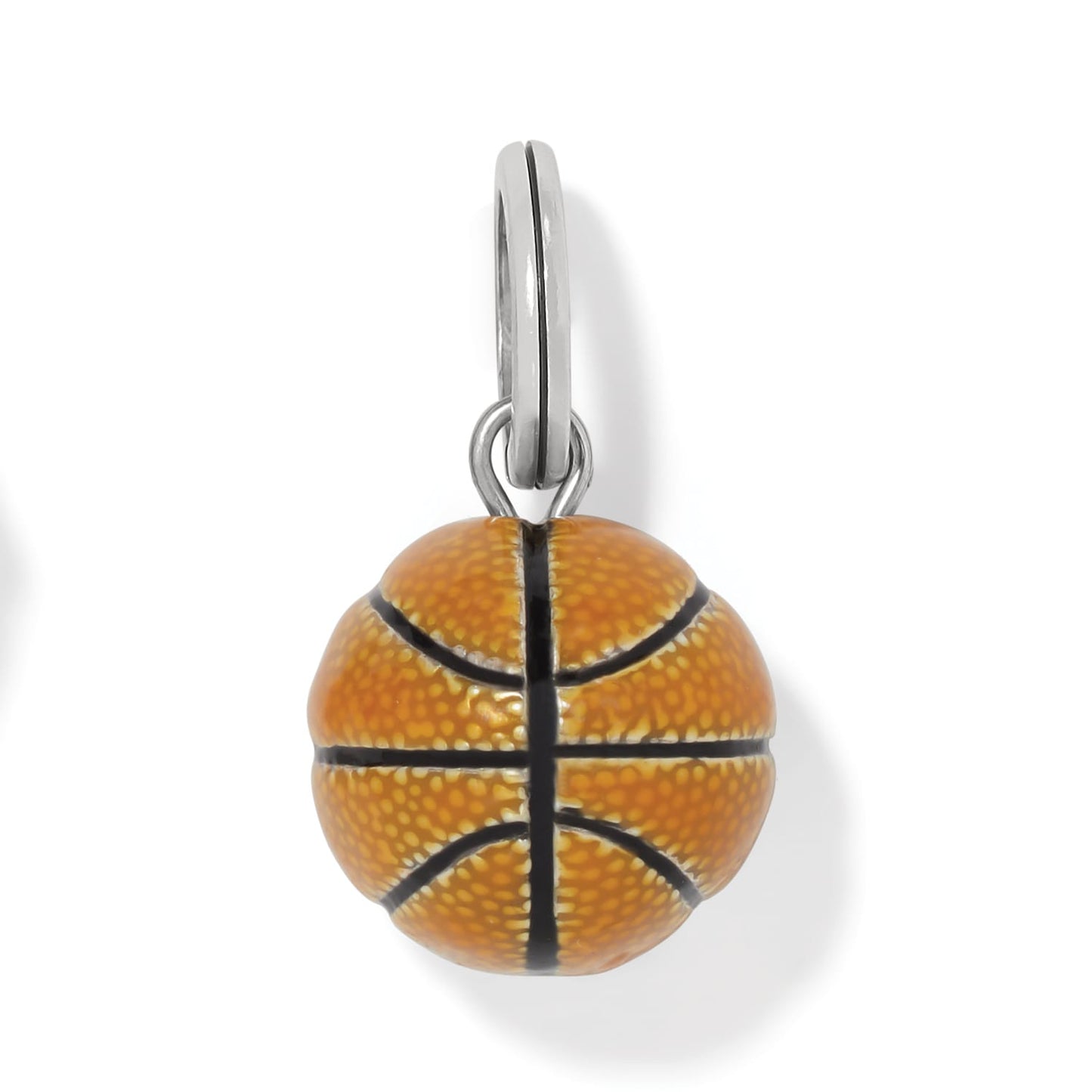 Brighton basketball charm with orange enamel and black line detailing on a silver-plated ring on a white background