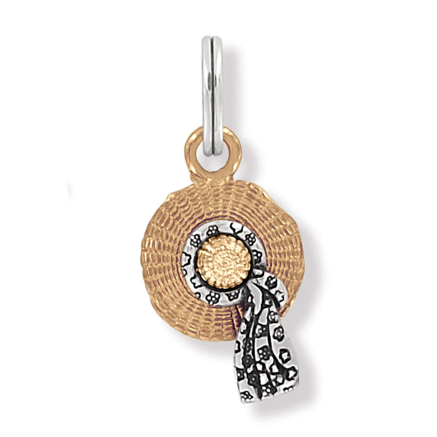 Brighton sun hat charm with gold-tone woven brim and silver-tone floral ribbon accent on a white background