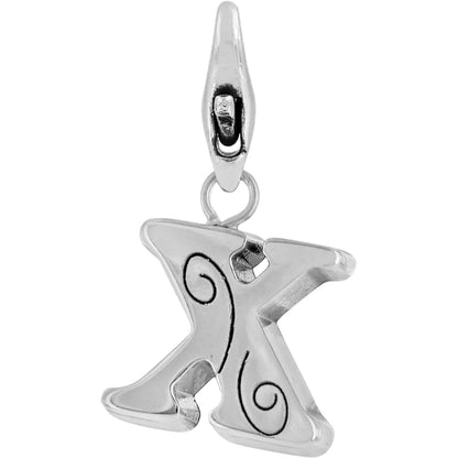Brighton letter X charm in silver-plated finish with engraved swirl detail and elongated bail on a white background