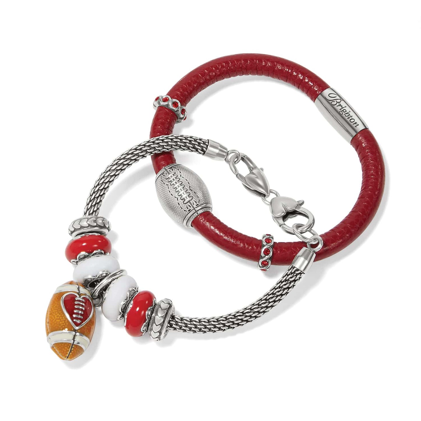 Brighton bracelets with red leather band, silver-plated mesh chain, football charm, and red and white beads on a white background