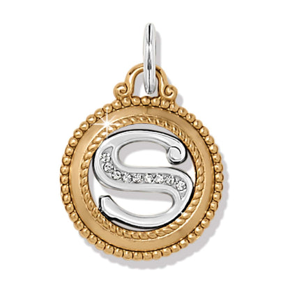 Brighton charm with brushed gold beaded frame and silver-tone letter S accented with crystals on a white background