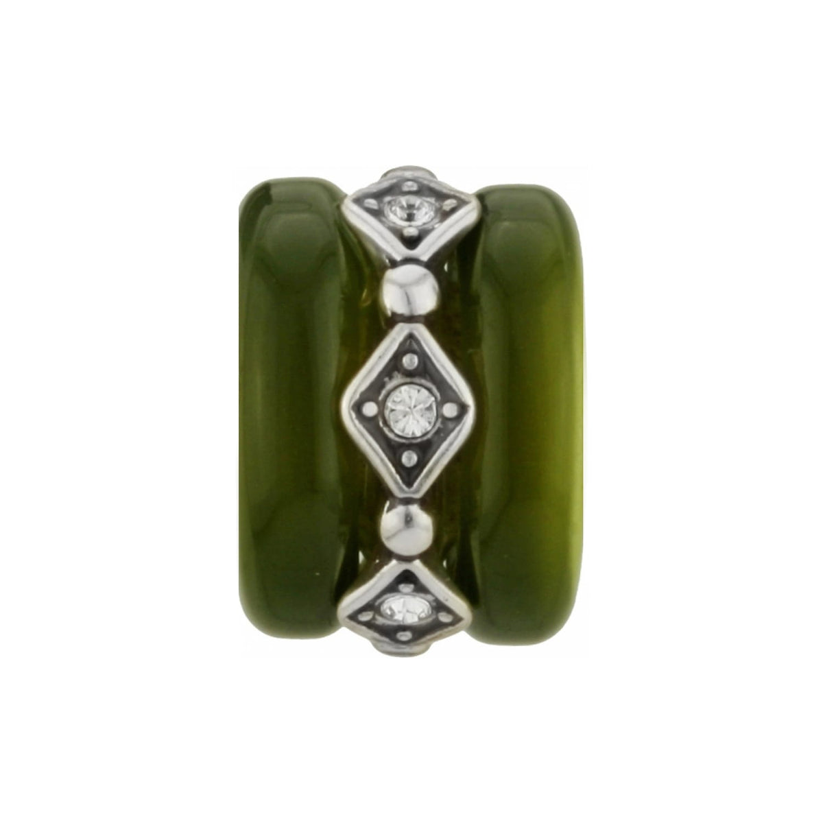 Brighton bead charm with olive green resin sides and silver-tone band featuring crystal diamond accents on a white background