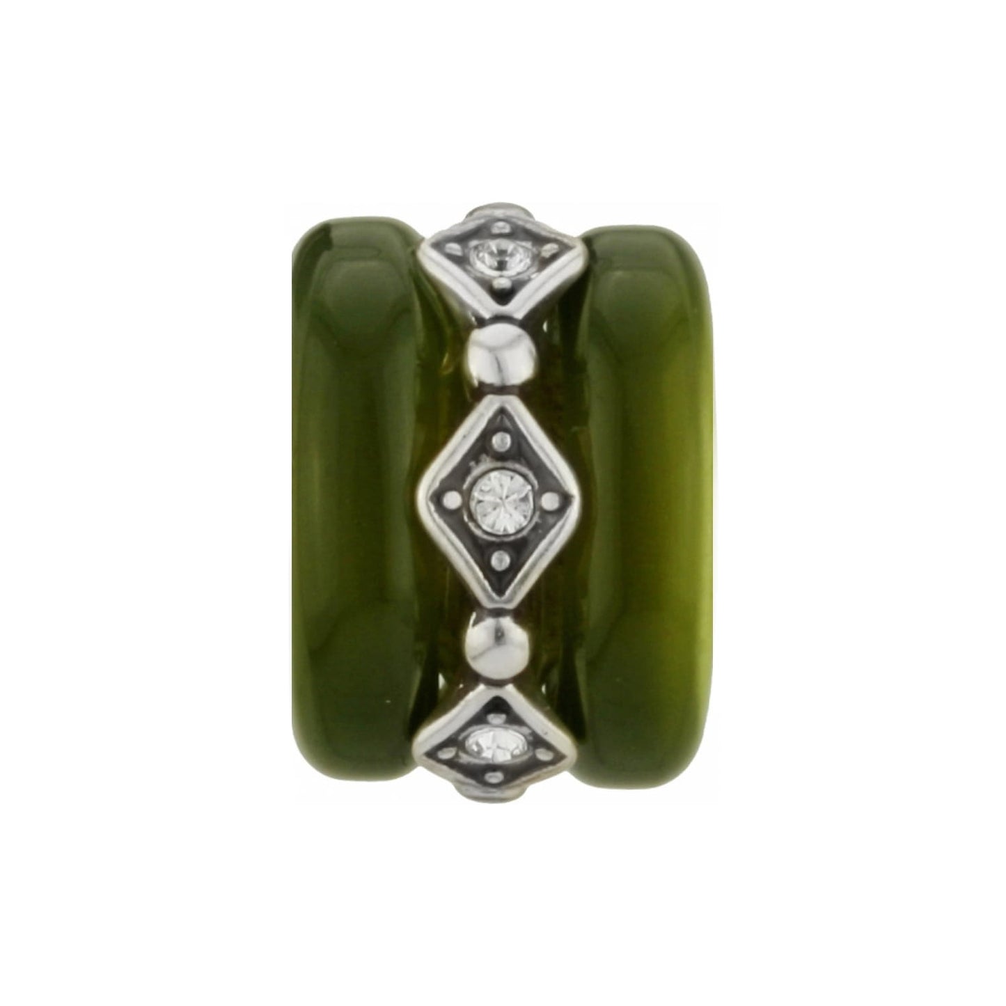 Brighton bead charm with olive green resin sides and silver-tone band featuring crystal diamond accents on a white background