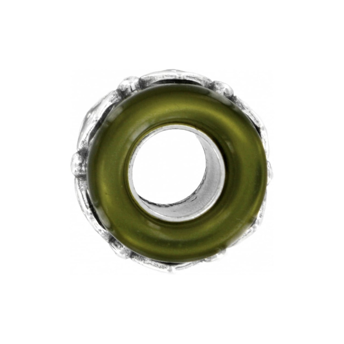 Brighton charm bead with olive green resin center and silver-tone decorative edges shown from the side on a white background