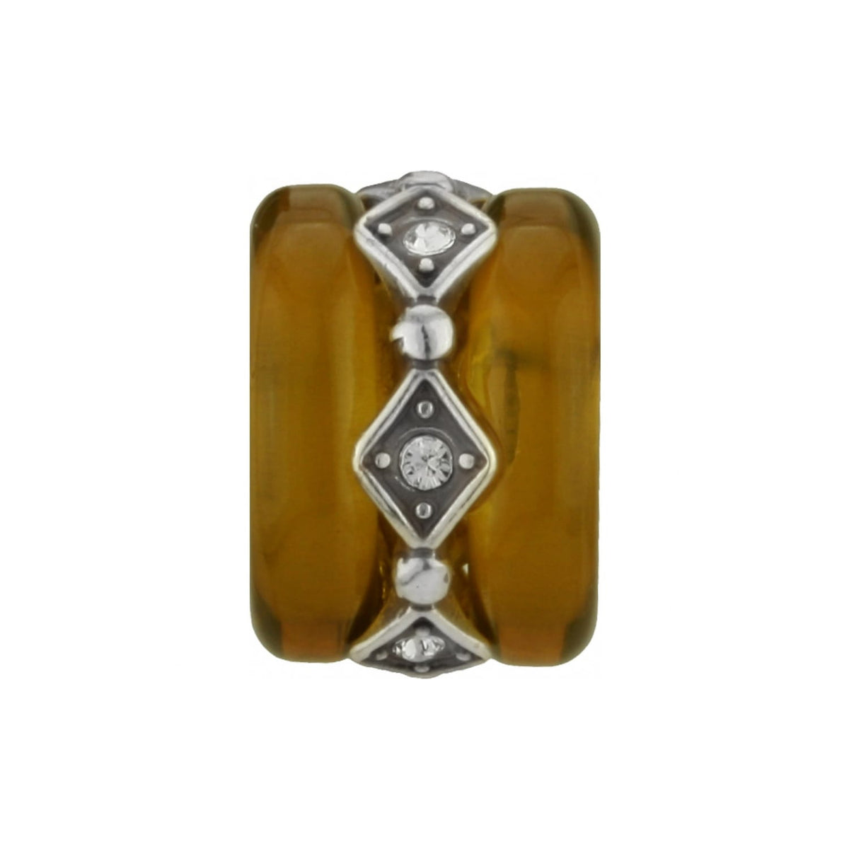 Brighton amber resin bead charm with silver-tone diamond-shaped stations and crystal accents on a white background