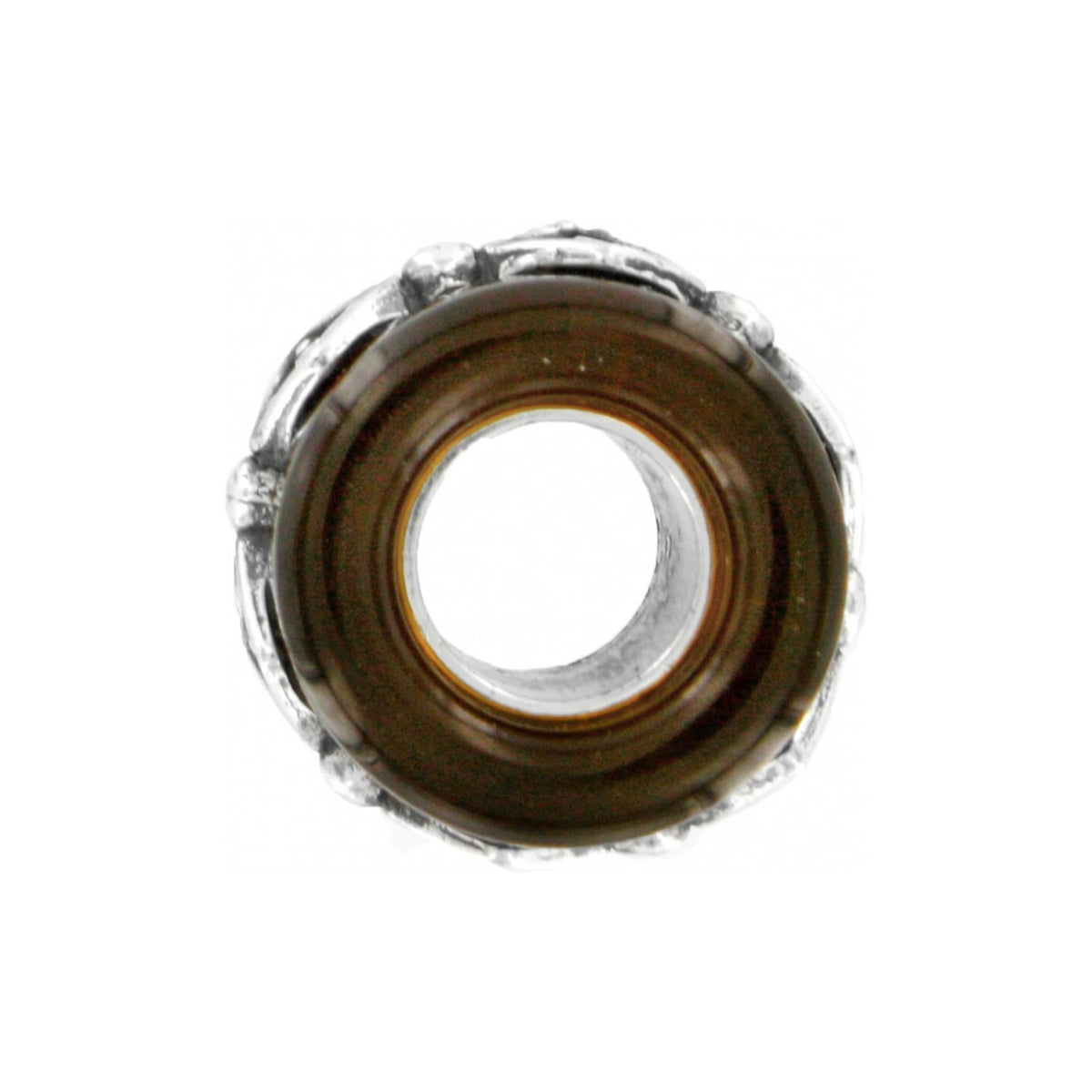 Brighton charm bead shown from the side with brown resin center and silver-tone decorative edges on a white background