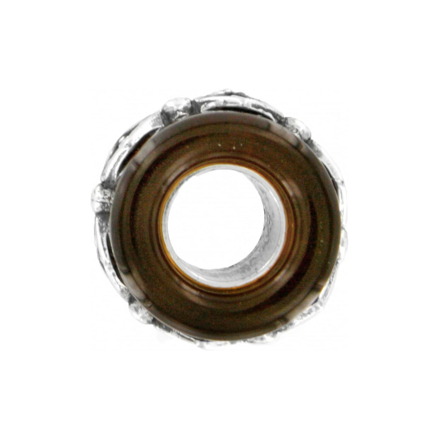 Brighton charm bead shown from the side with brown resin center and silver-tone decorative edges on a white background