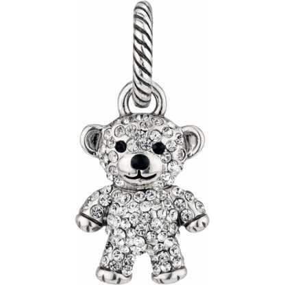 Brighton teddy bear charm with silver-plated finish and pavé crystal detailing on a white background