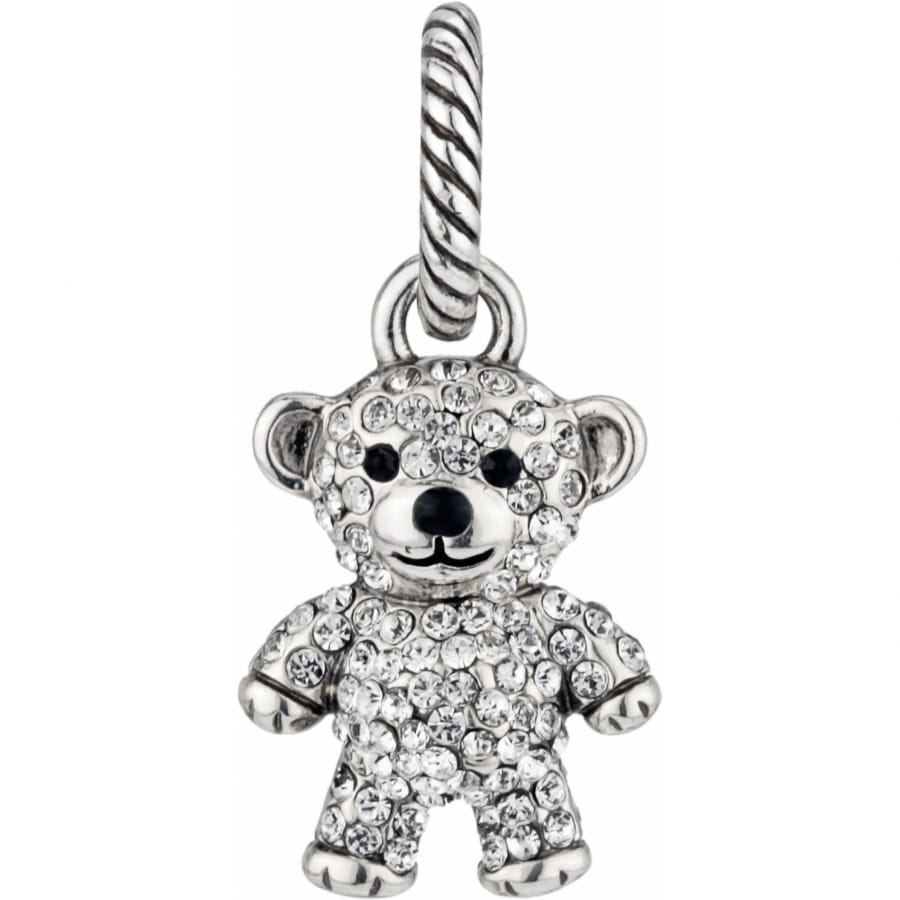 Brighton teddy bear charm with silver-plated finish and pavé crystal detailing on a white background